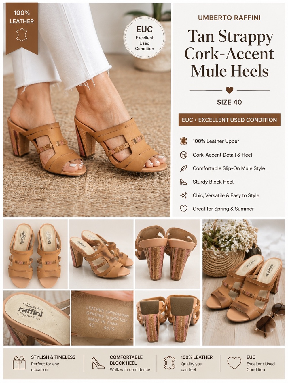 Umberto Raffini Tan Strappy Cork-Accent Mule Heels